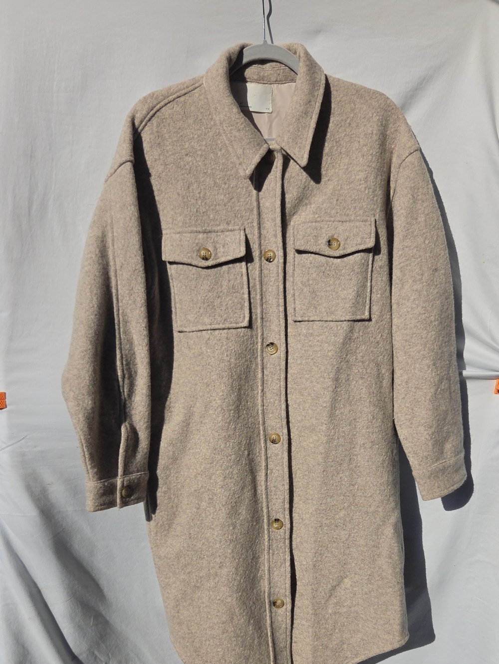 OAK + FORT Woman's Wool-Blend Long Pea Coat in Light Taupe Sz Med